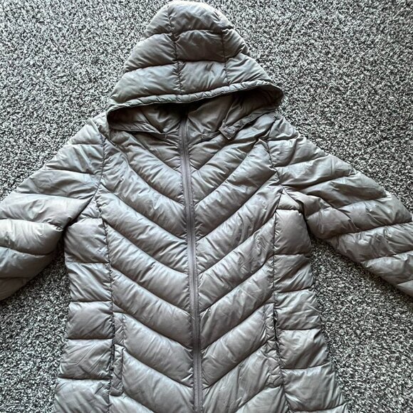 Gray Lightweight Calvin Klein Trench Coat Down Puffer Jacket with Removable Hood - Picture 2 of 7
